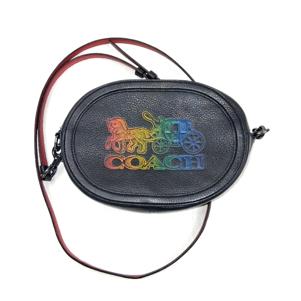 Coach Rainbow Logo Black Leather Camera Bag Horse Carriage Crossbody Bag
